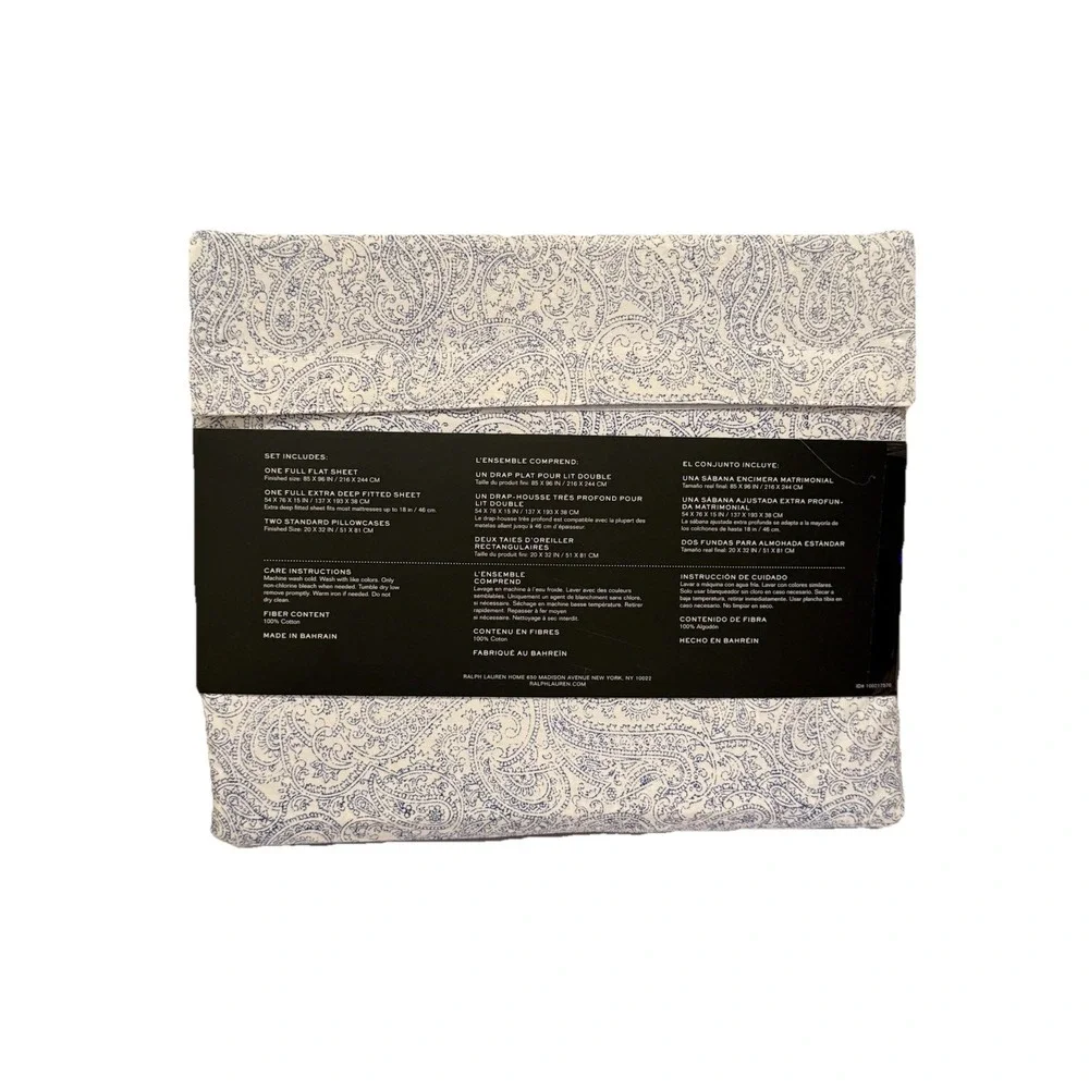RALPH LAUREN Soma Blue Paisley‎ FULL SHEET SET DESIGNER 4P COTTON